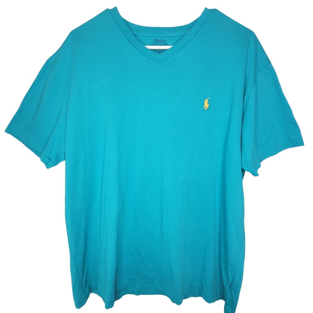 Polo Ralph Lauren VNeck Tshirt Men's Size Medium Teal W/Yellow Pony Horse Cotton